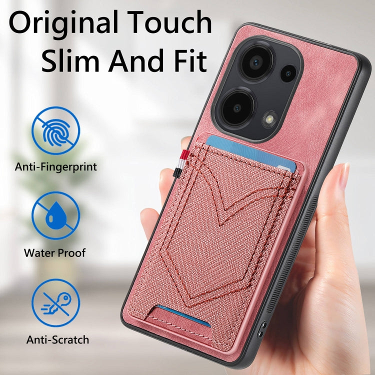 Pink denim-texture leather phone case with card slot, slim protective cover