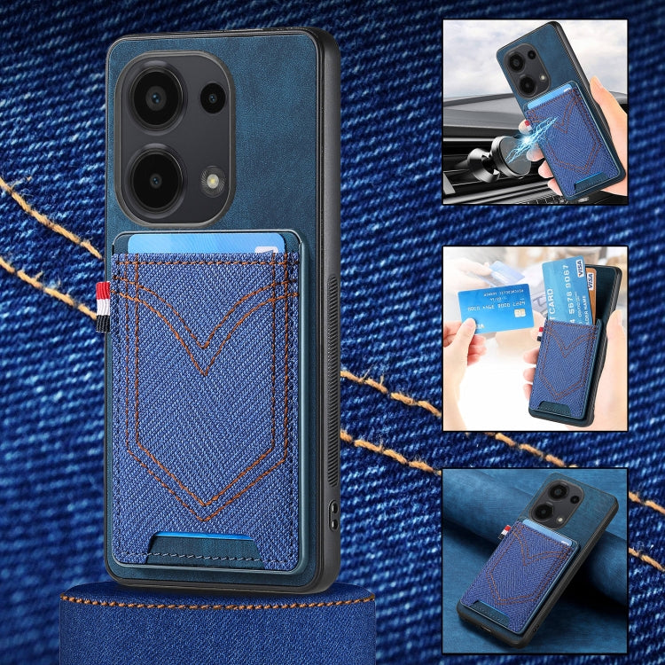 Blue denim-texture leather phone case with card slot, stitch-lined pocket front