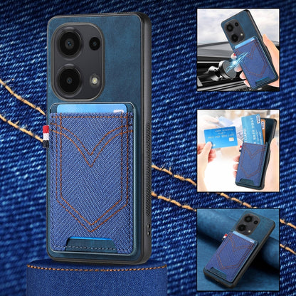 Blue denim-texture leather phone case with card slot, stitch-lined pocket front