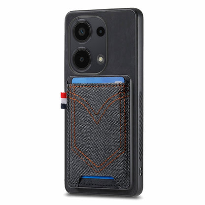 Dark denim-texture leather phone case with card slot and stitched V pocket