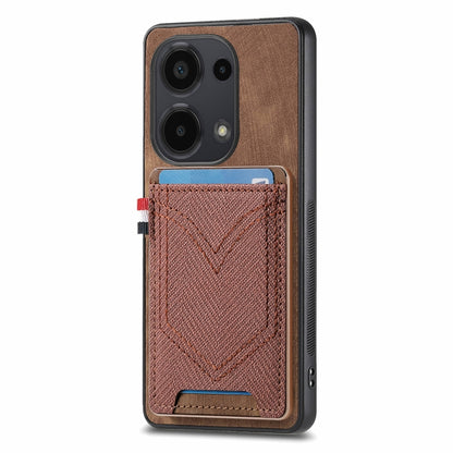 Brown denim-texture leather phone case with card slot and stitched V pocket