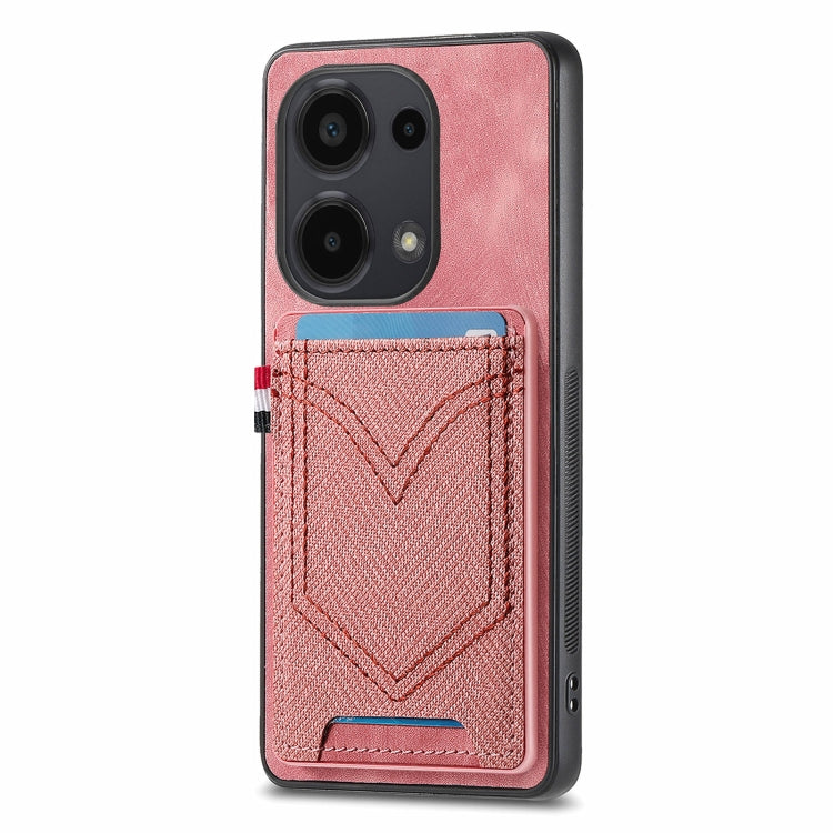 Pink denim-texture phone case with card slot, stitched V design