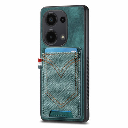 Teal denim-texture phone case with card slot, stitched V design
