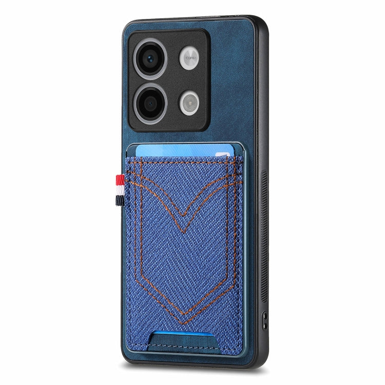 Denim-textured leather phone case with card slot, blue denim and dark blue