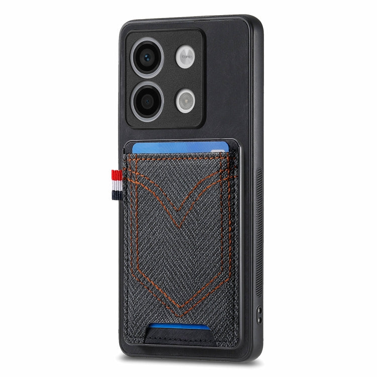 Denim-textured leather phone case with card slot, dark gray and blue denim