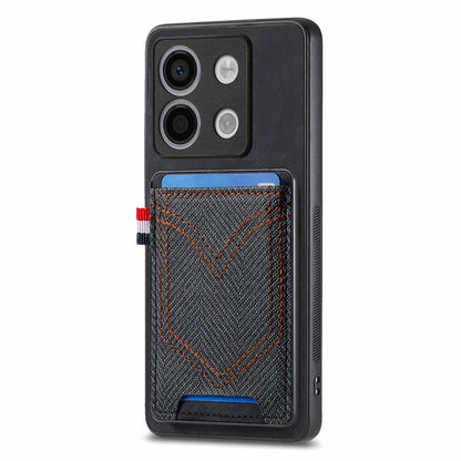 Denim-textured leather phone case with card slot, dark gray and blue denim