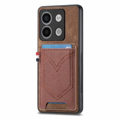 Denim-textured leather phone case with card slot, tan brown and brown denim