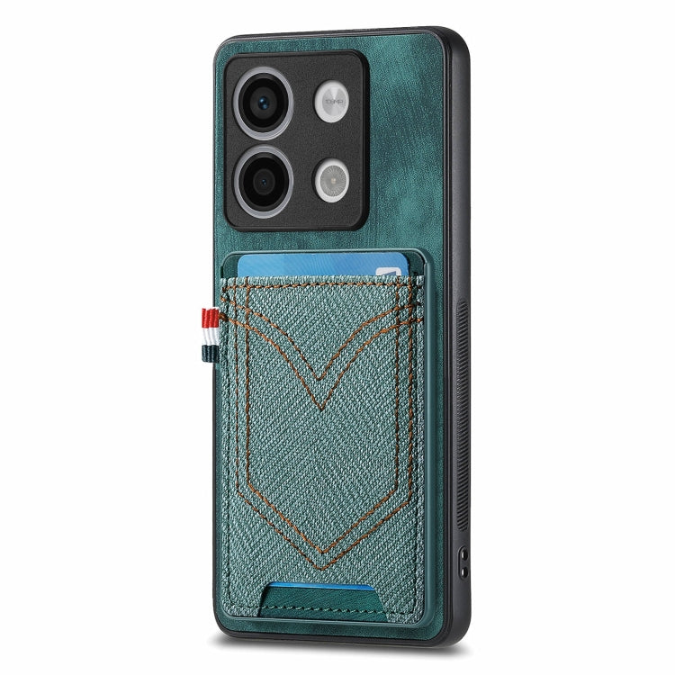 Denim-textured leather phone case with card slot, teal green denim and dark green