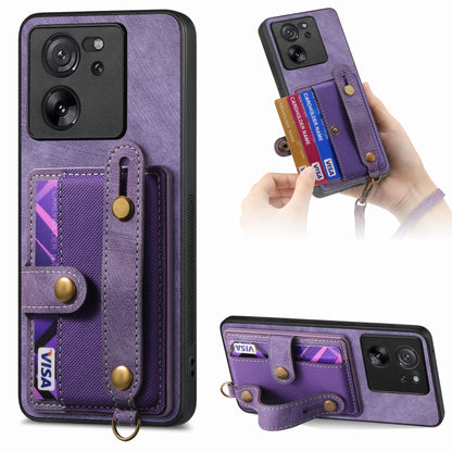 Purple leather-look wallet phone case with wrist strap and card holder