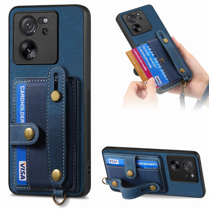 Blue leather-look wallet phone case with wrist strap and card holder