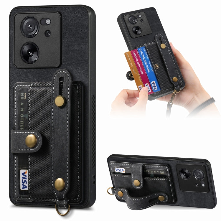 Black leather-look wallet phone case with wrist strap and card holder
