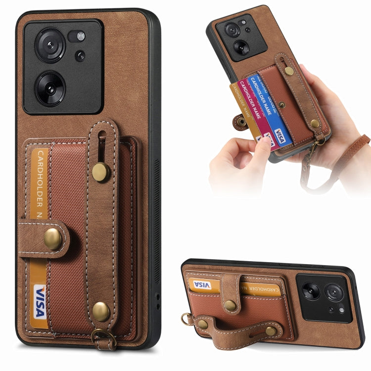 Brown leather-look wallet phone case with wrist strap and card holder