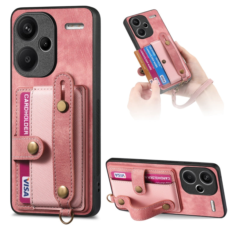 Pink leather wallet phone case with wrist strap and card slots