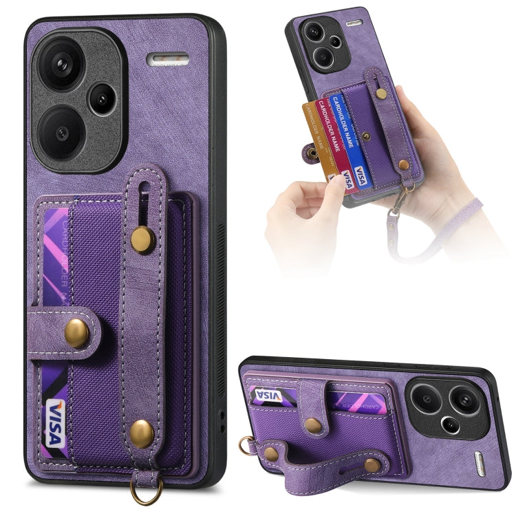 Purple leather wallet phone case with wrist strap and card slots