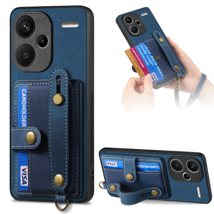 Blue leather wallet phone case with wrist strap and card slots