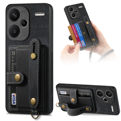 Black leather wallet phone case with wrist strap and card slots