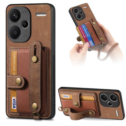 Brown leather wallet phone case with wrist strap and card slots
