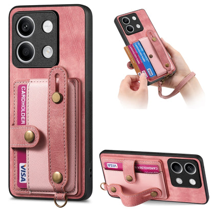 Pink retro wallet phone case with card slots and cross wrist strap, leather-style back