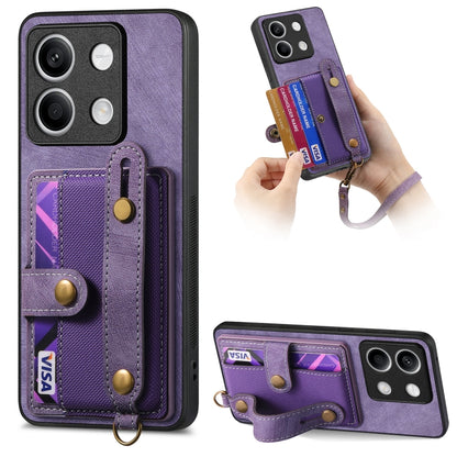 Purple retro wallet phone case with card slots and cross wrist strap, leather-style back