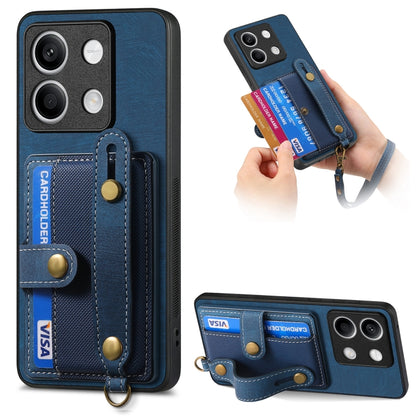 Blue retro wallet phone case with card holder and cross wrist strap, front cameras covered