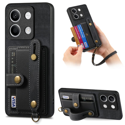 Black retro wallet phone case with card holder and cross wrist strap, front cameras covered