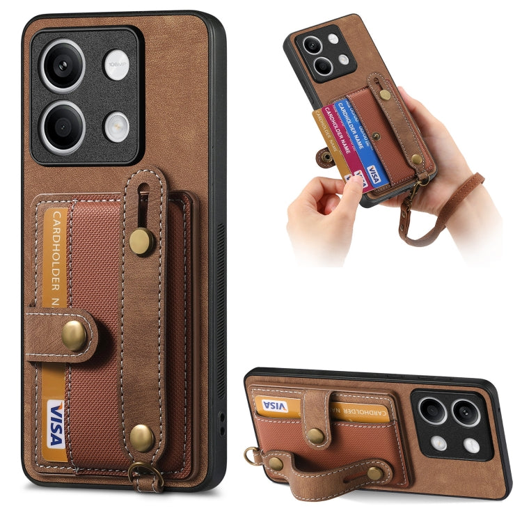 Brown retro wallet phone case with card holder and cross wrist strap, front cameras covered