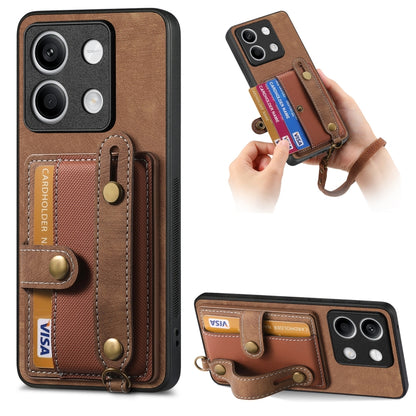 Brown retro wallet phone case with card holder and cross wrist strap, front cameras covered