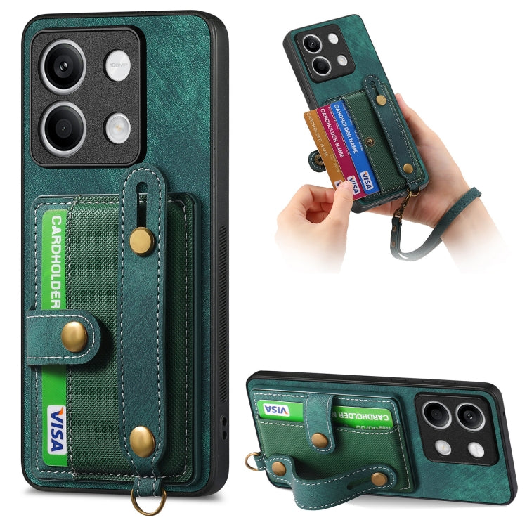 Green retro wallet phone case with card holder and cross wrist strap, front cameras covered