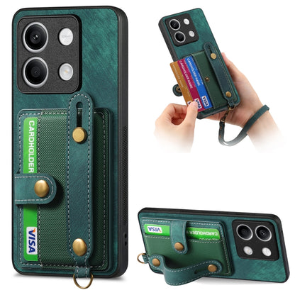 Green retro wallet phone case with card holder and cross wrist strap, front cameras covered