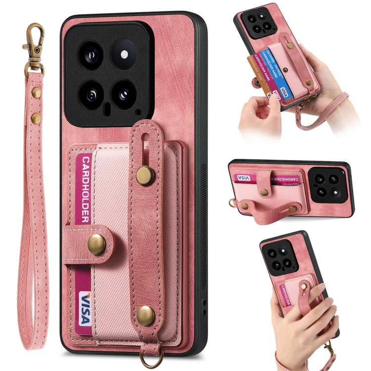 Rose pink leather phone case wallet with wrist strap, card slots, and camera cutouts