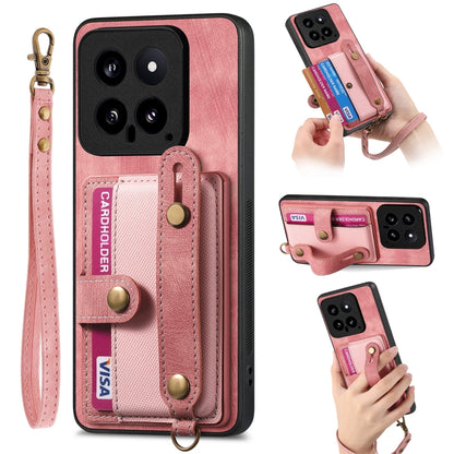 Rose pink leather phone case wallet with wrist strap, card slots, and camera cutouts