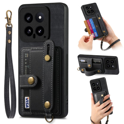 Black retro wallet phone case with card slots and cross wrist strap, leather-style back