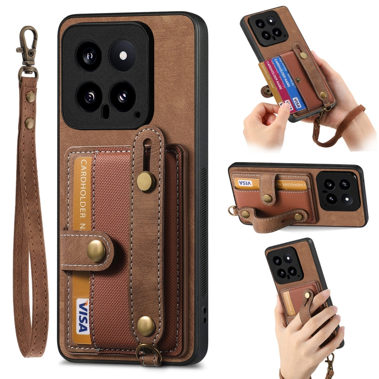 Brown retro wallet phone case with card slots and cross wrist strap, leather-style back