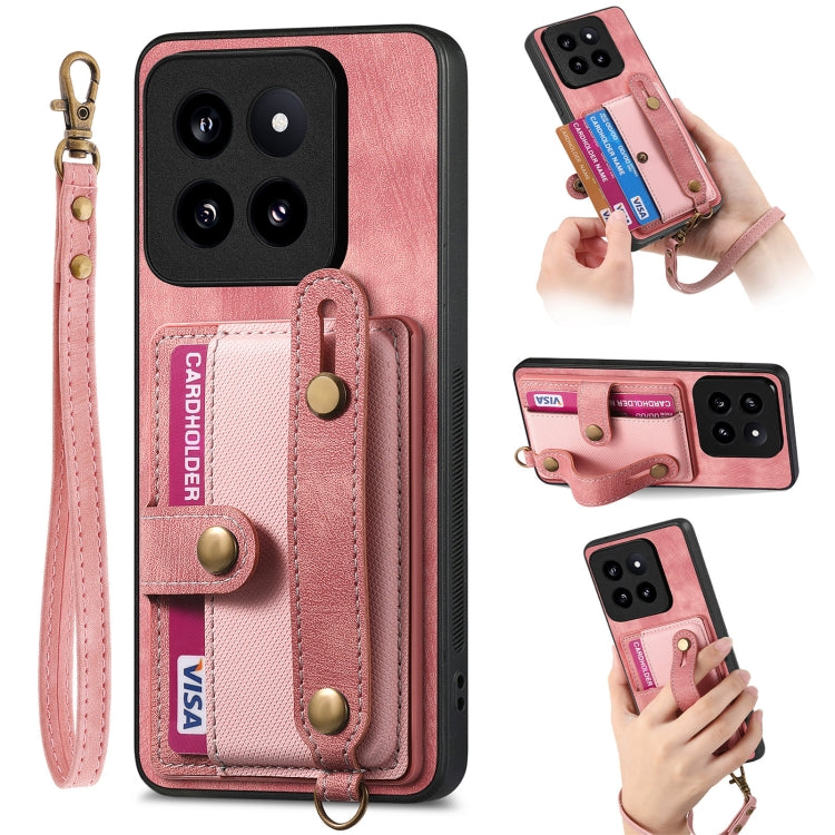 Pink leather phone case wallet with wrist strap, card slots, and camera cutouts