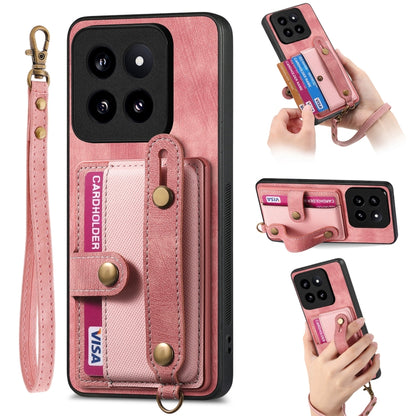 Pink leather phone case wallet with wrist strap, card slots, and camera cutouts
