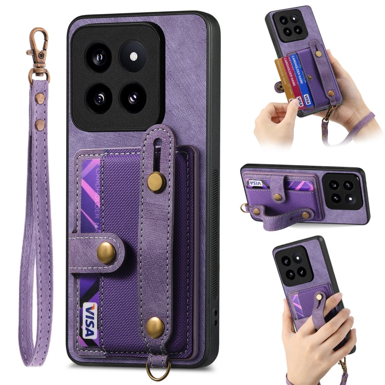 Purple leather phone case wallet with wrist strap, card slots, and camera cutouts