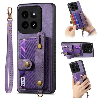 Purple leather phone case wallet with wrist strap, card slots, and camera cutouts