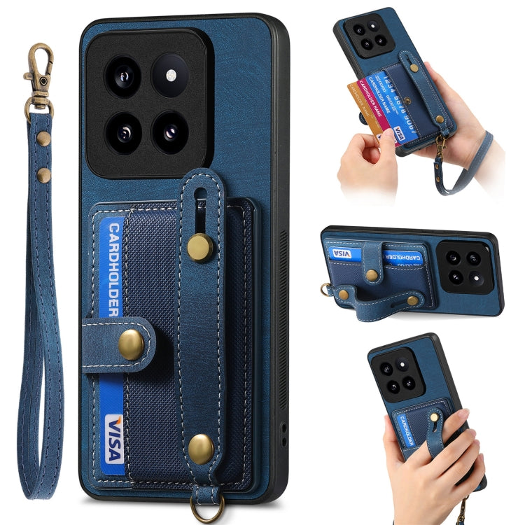 Blue leather phone case wallet with wrist strap, card slots, and camera cutouts