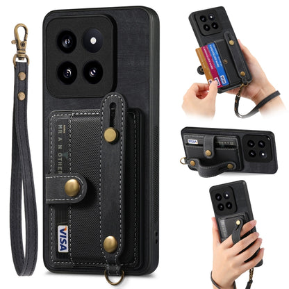 Black leather phone case wallet with wrist strap, card slots, and camera cutouts