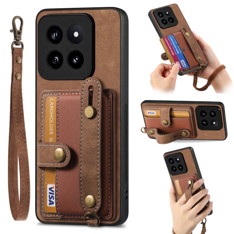 Tan leather phone case wallet with wrist strap, card slots, and camera cutouts