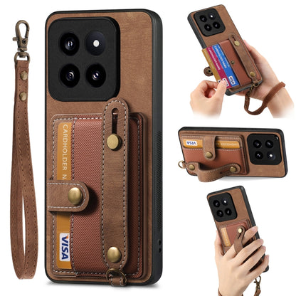 Tan leather phone case wallet with wrist strap, card slots, and camera cutouts