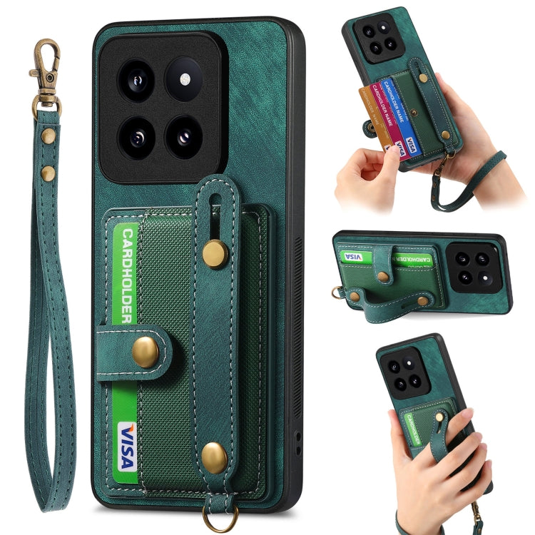 Deep green leather phone case wallet with wrist strap, card slots, and camera cutouts