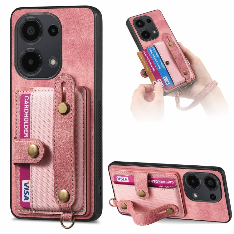 Pink leather wallet phone case with wrist strap, card slots, and camera cutouts