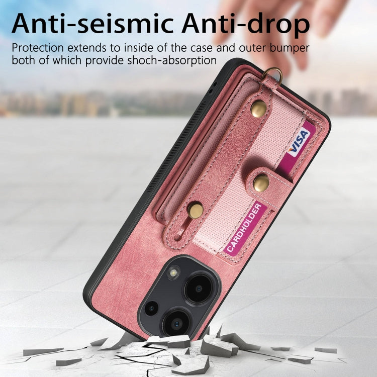 Pink leather wallet phone case with wrist strap and card slots for secure phone fit