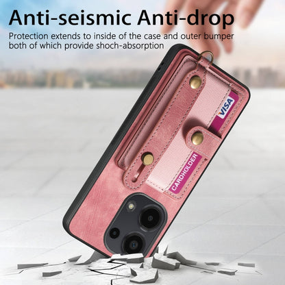 Pink leather wallet phone case with wrist strap and card slots for secure phone fit