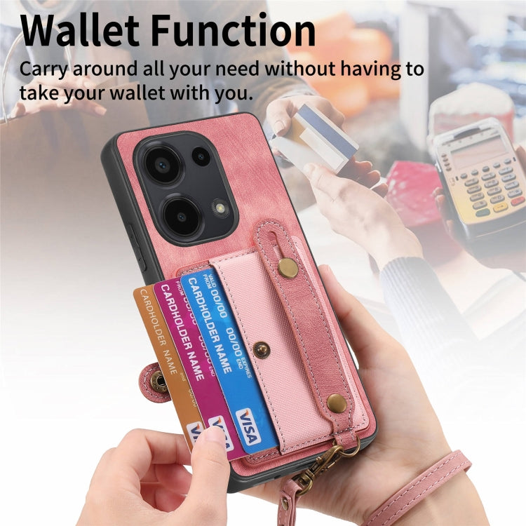 Pink leather wallet phone case with wrist strap, card slots, and pull-tab wallet panel