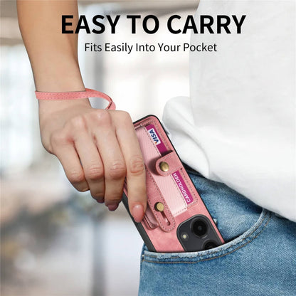 Pink leather wallet phone case with wrist strap worn on wrist with card slots