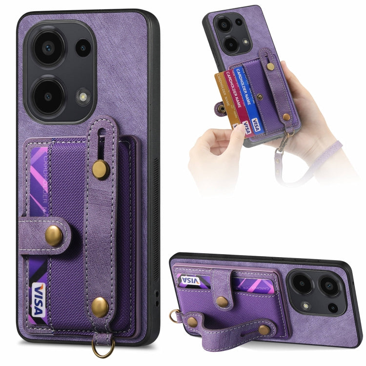 Purple leather wallet phone case with wrist strap and card slots with camera cutouts
