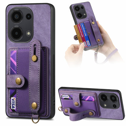 Purple leather wallet phone case with wrist strap and card slots with camera cutouts