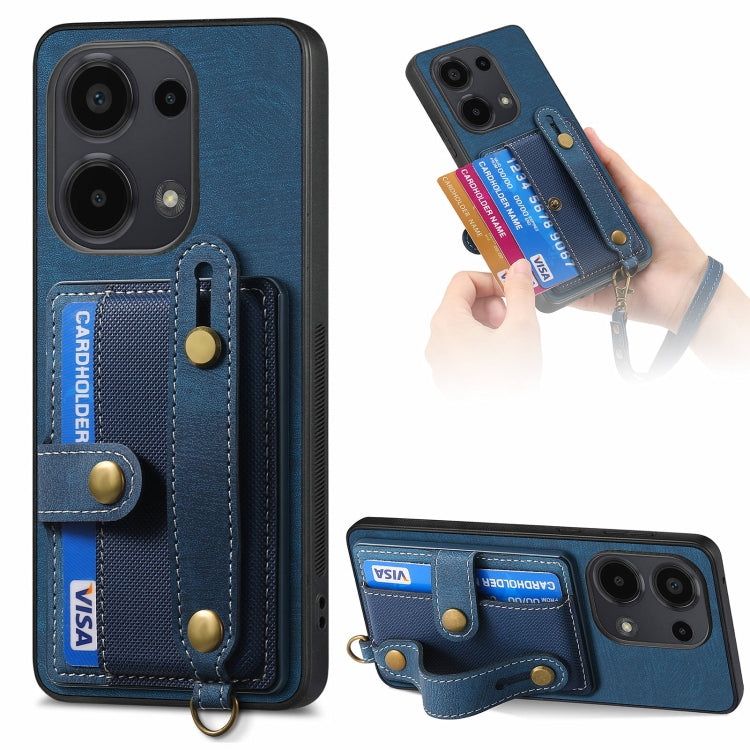 Blue leather wallet phone case with wrist strap, card slots, and camera cutouts
